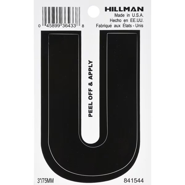 3 in. Black Vinyl Self-Adhesive Letter U 1 pc, 6PK, Hillman, Mfr#: 841544